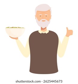 Alegre personaje de dibujos animados de edad avanzada que presenta una ensalada saludable con un gesto positivo