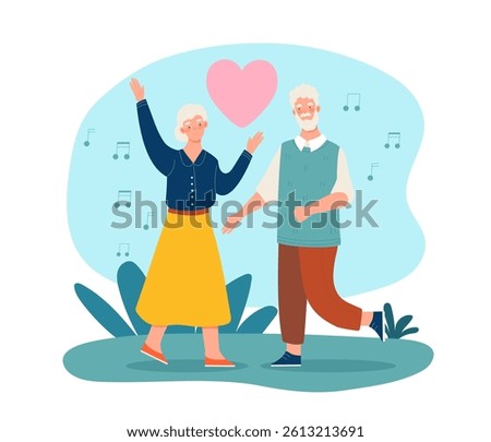 Cheerful elderly couple dancing joyfully together with music notes and a heart symbol around them, flat cartoon style, on a light blue abstract background. Vector illustration