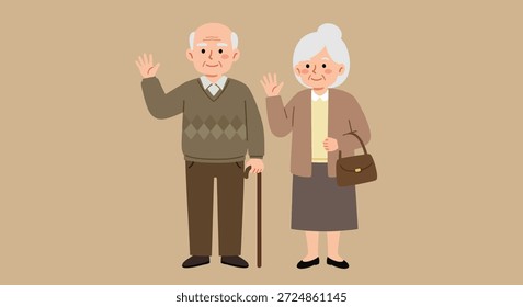 Ein fröhliches älteres Paar, ein Mann mit einem Stock und eine Frau mit einer Handtasche, winken sich in einem freundlichen Gruß die Hände.