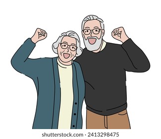 Alegre pareja de ancianos levantando las manos. Concepto de personas mayores activas y enérgicas. Ilustración vectorial dibujada por mano