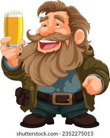 Cheerful elderly man with beard and mustache holding a beer