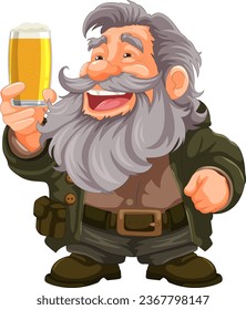 Cheerful elderly man with beard and mustache holding a beer