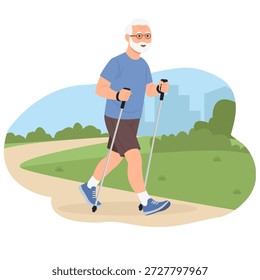Fröhliche ältere Menschen engagieren sich im Nordic Walking. Demonstration einer gesunden und aktiven Lebensweise. Outdoor-Aktivität, einzelne Vektorgrafik
