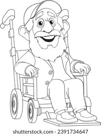 A cheerful elderly man enjoying his time on a wheelchair