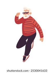 A cheerful elderly man joyfully dancing or jumping on a white background, symbolizing vitality, energy and a positive outlook on aging