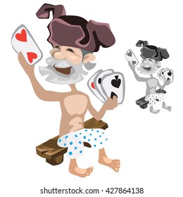 Cheerful elderly man playing cards. Vector illustration.