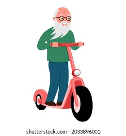 Cheerful elderly man rides an electric scooter on a white background.