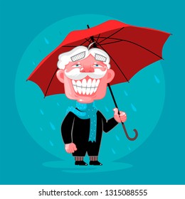 Cheerful elderly man walking in rainy weather