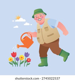 A cheerful elderly man wearing a hat and vest waters colorful tulips and other flowers with a watering can in a garden setting.