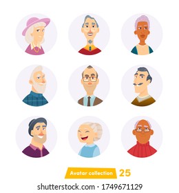 Cheerful elderly people avatar collection. Old humans characters. User faces. Trendy modern style. Flat Cartoon Character design.