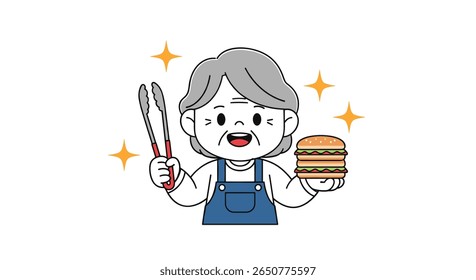 Idoso alegre segurando pinças de comida e um delicioso hambúrguer empilhado representando o prazer de cozinhar e boa comida