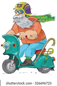cheerful elderly person riding on a scooter - cartoon 