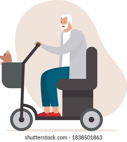 cheerful elderly senior man driving electric mobility scooter. Old man on power wheelchair strolling with his dog in a basket. Flat vector character