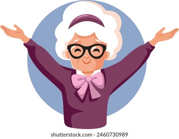 
Cheerful Elderly Woman Celebrating with Arms Raised Vector Cartoon. Happy senior lady feeling positive and energetic in her golden years
