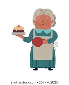 Cheerful elderly woman with homemade cake and teapot