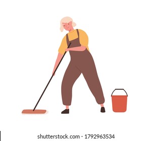 Cheerful elderly woman with mop and bucket, in office cleaning service, janitor uniform washing floor. Professional housework. Flat vector cartoon illustration isolated on white background