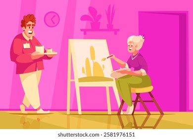 A cheerful elderly woman painting on an easel while a smiling man brings her refreshments. The scene is bright and colorful, with a pink background and plants in the room.