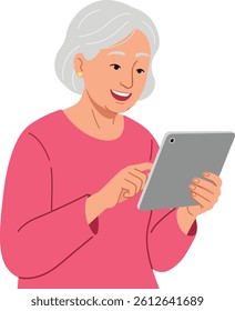 A cheerful elderly woman in a pink sweater engages with her tablet, displaying joy and curiosity in a simple, clean design that highlights modern technology.