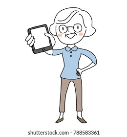 Cheerful elderly woman showing blank screen of her smartphone. Online presenter concept with cute elderly woman with one arm akimbo presenting her phone screen. Vector with hand-drawn style.