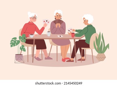 Cheerful Elderly Women Have Playing Card Board Games. People Of Age Retirement Fun Spend Time Together. Evening Active Gatherings Of Friends. Flat Vector Illustration On A Beige Background.