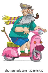 cheerful eldery person is riding on a scooter - cartoon 