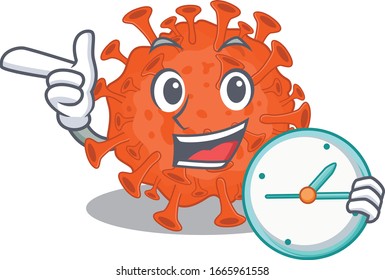 Cheerful electron microscope coronavirus cartoon character style with clock