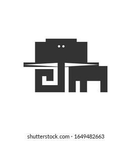 Cheerful elephant, black and white drawing. Vector illustration.