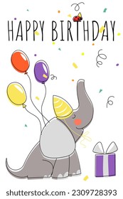 A cheerful elephant with colorful balloons stands near a box with a surprise. Elephant with a cap on his head. Children's birthday card, congratulation.