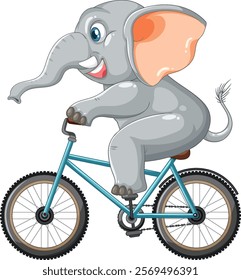 A cheerful elephant happily rides a blue bicycle