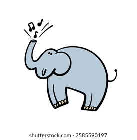 Cheerful elephant jumps, raises its trunk and blows a tune. Vector illustration of   circus act, an animal performing a song. Isolated character on white background.