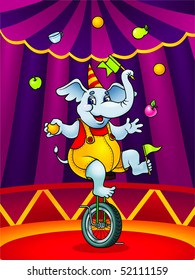 Cheerful elephant shows his tricks at the circus stage