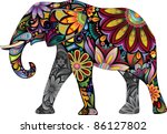 The cheerful elephant. The silhouette of the elephant collected from various elements of a flower ornament.