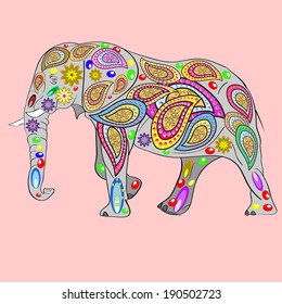 The cheerful elephant. The silhouette of the elephant collected from various elements of a colorful flower ornament. eps 8 