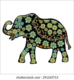 The cheerful elephant. The silhouette of the elephant collected from various elements of a flower ornament.