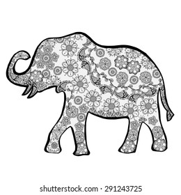 The cheerful elephant. The silhouette of the elephant collected from various elements of a flower ornament.