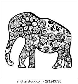 The cheerful elephant. The silhouette of the elephant collected from various elements of a flower ornament.