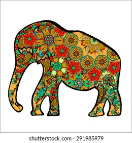 The cheerful elephant. The silhouette of the elephant collected from various elements of a flower ornament.