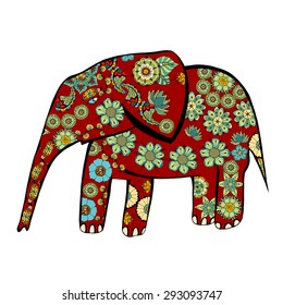 The cheerful elephant. The silhouette of the elephant collected from various elements of a flower ornament.