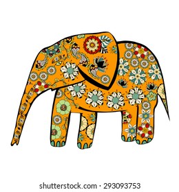 The cheerful elephant. The silhouette of the elephant collected from various elements of a flower ornament.