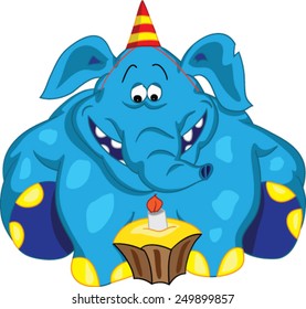 Cheerful elephant sitting and looking at cake with a candle