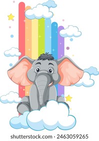 Cheerful elephant sitting on clouds with rainbow