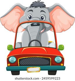 Cheerful elephant in a vibrant red car
