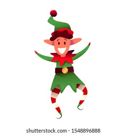 Cheerful elf character in green hat. Cartoon magic creature in christmas costume waving hand. Santa assistant, Vector character for new year, xmas invitation, poster design.