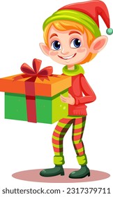 Cheerful Elf holding a Gift Box illustration