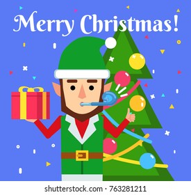 Cheerful elf holds gift box and shows thumb up gesture. Christmas, New Year poster, greeting card. Flat style vector illustration