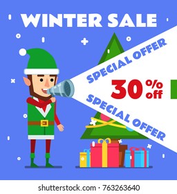 Cheerful elf holds loudspeaker and announces a big discount. Winter sale poster. Flat style vector illustration