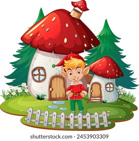 Cheerful elf outside his whimsical mushroom house