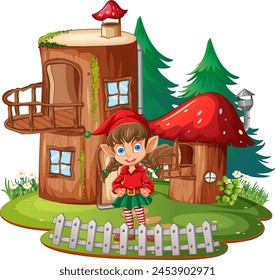 Cheerful elf outside a whimsical mushroom house