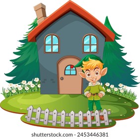 Cheerful elf standing by a whimsical house