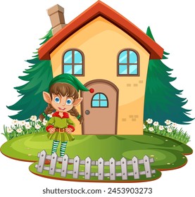 Cheerful elf standing outside a quaint house